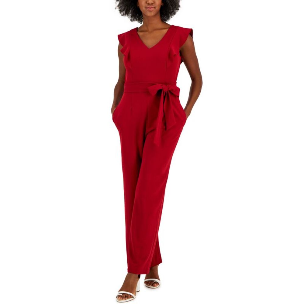 Scuba Crepe V-Neck Flutter-Sleeve Belted Jumpsuit